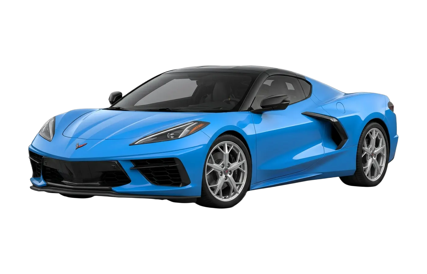Front three quarter view of a detailed blue Chevrolet Corvette