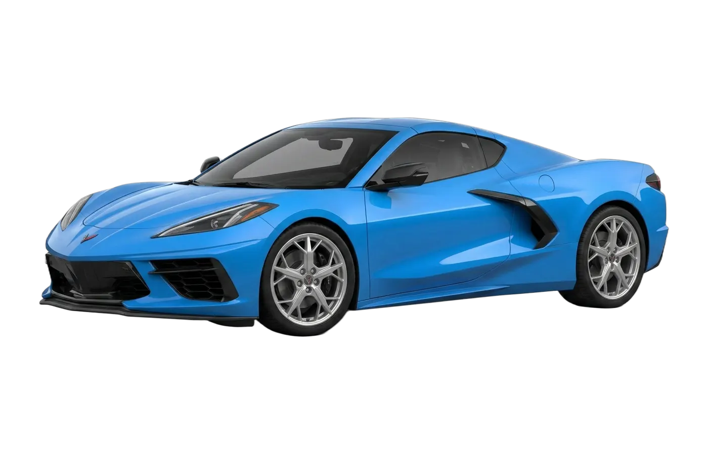 Front quarter view of a detailed blue Chevrolet Corvette