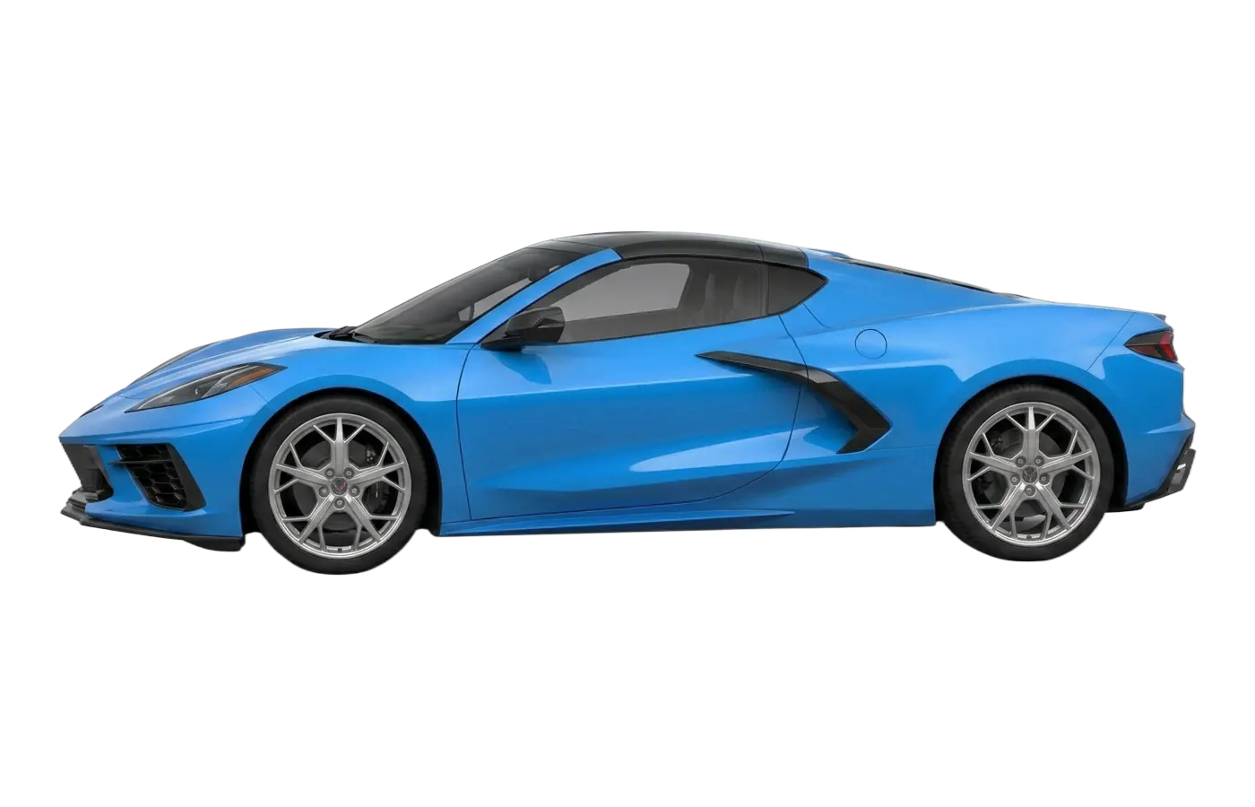 Near profile view of a detailed blue Chevrolet Corvette