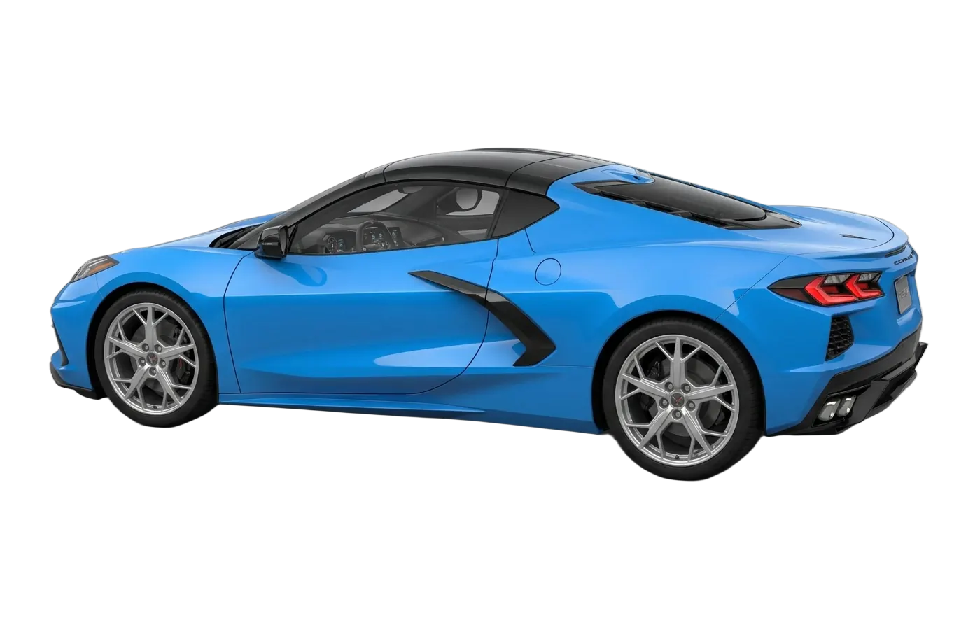 Rear three quarter view of a detailed blue Chevrolet Corvette